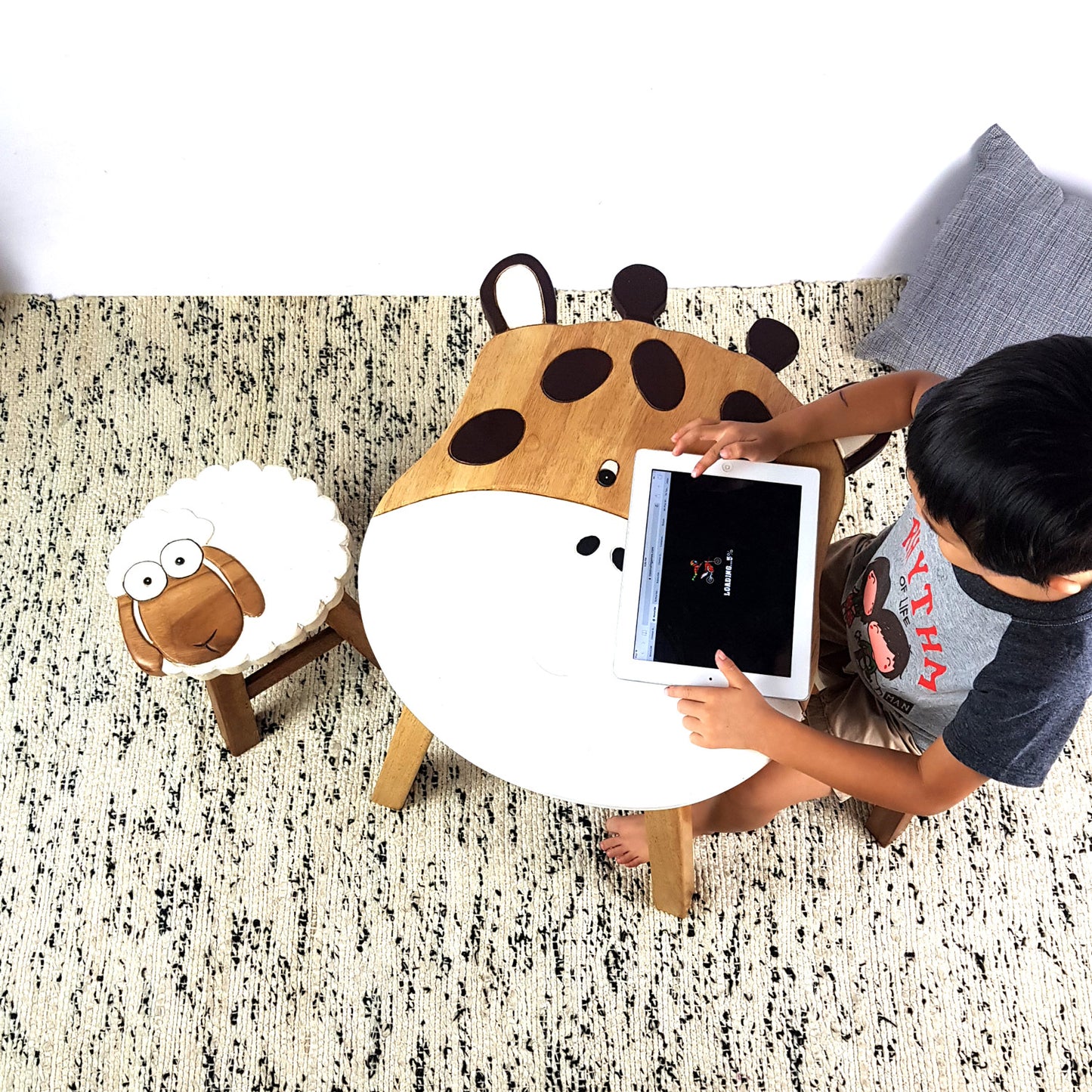 Giraffe Kids Table Set with Sheep & Ram Stools – Handmade Solid Hardwood