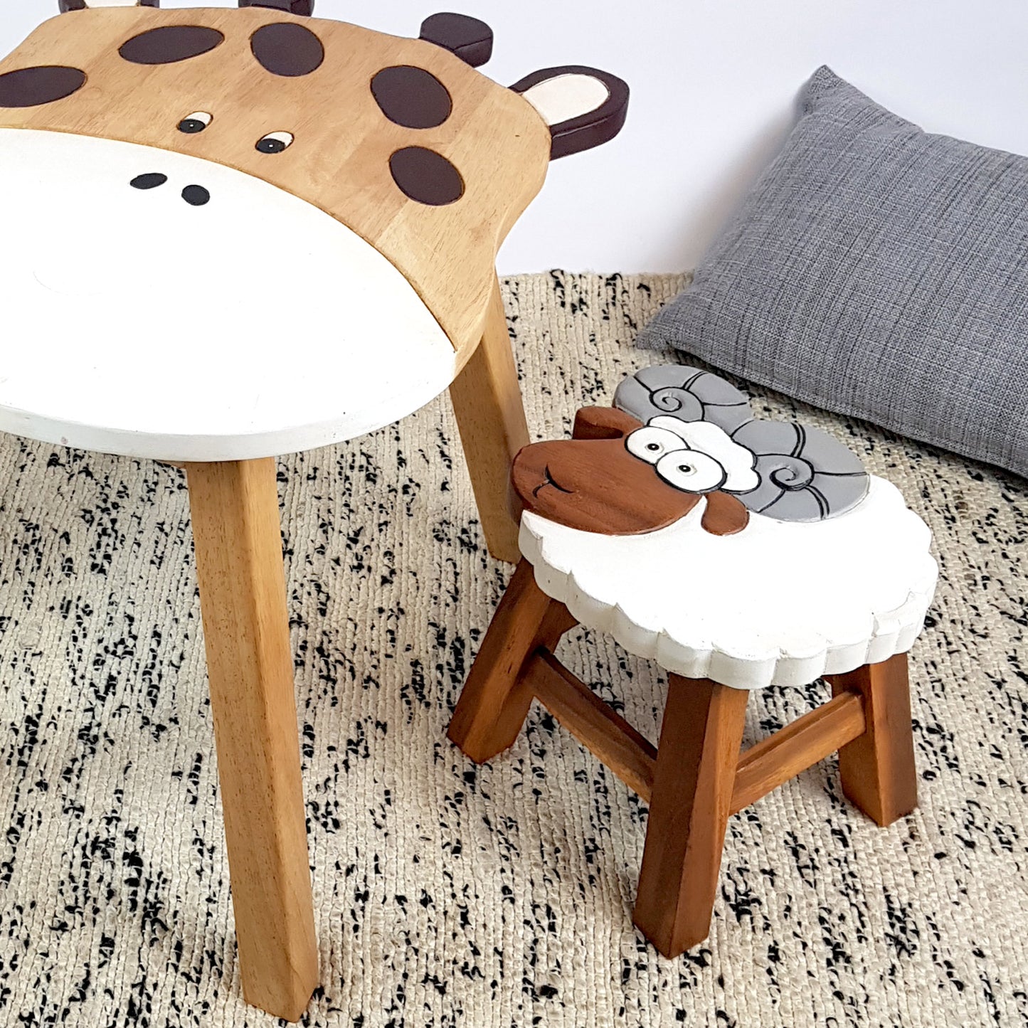 Giraffe Kids Table Set with Sheep & Ram Stools – Handmade Solid Hardwood