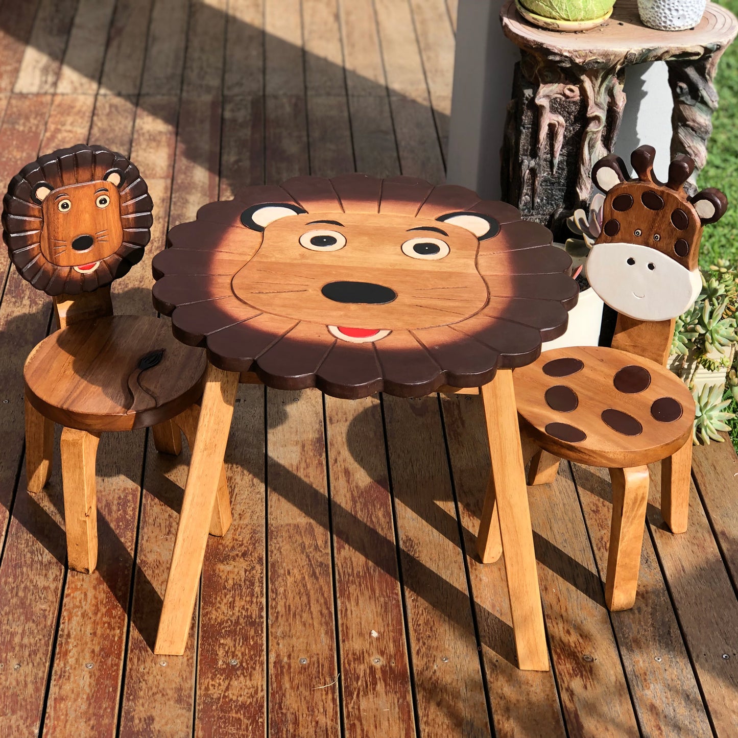 Lion Kids Table Set with 2 Chairs – Handmade Solid Hardwood