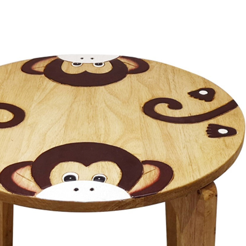 Kids monkey table with ram and sheep animal stools in solid rubberwood