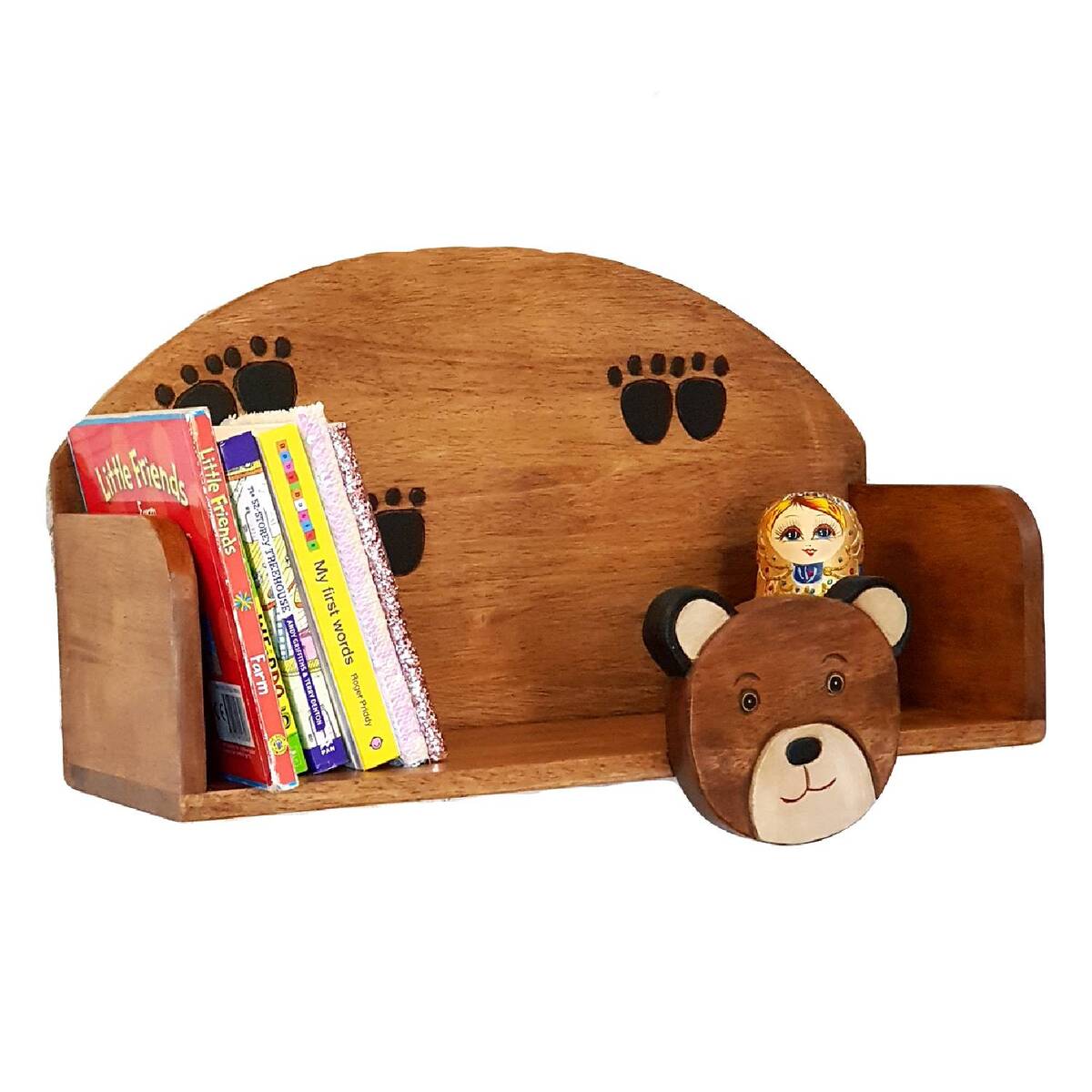 Hand-carved bear wall-mounted bookshelf in solid Raintree wood