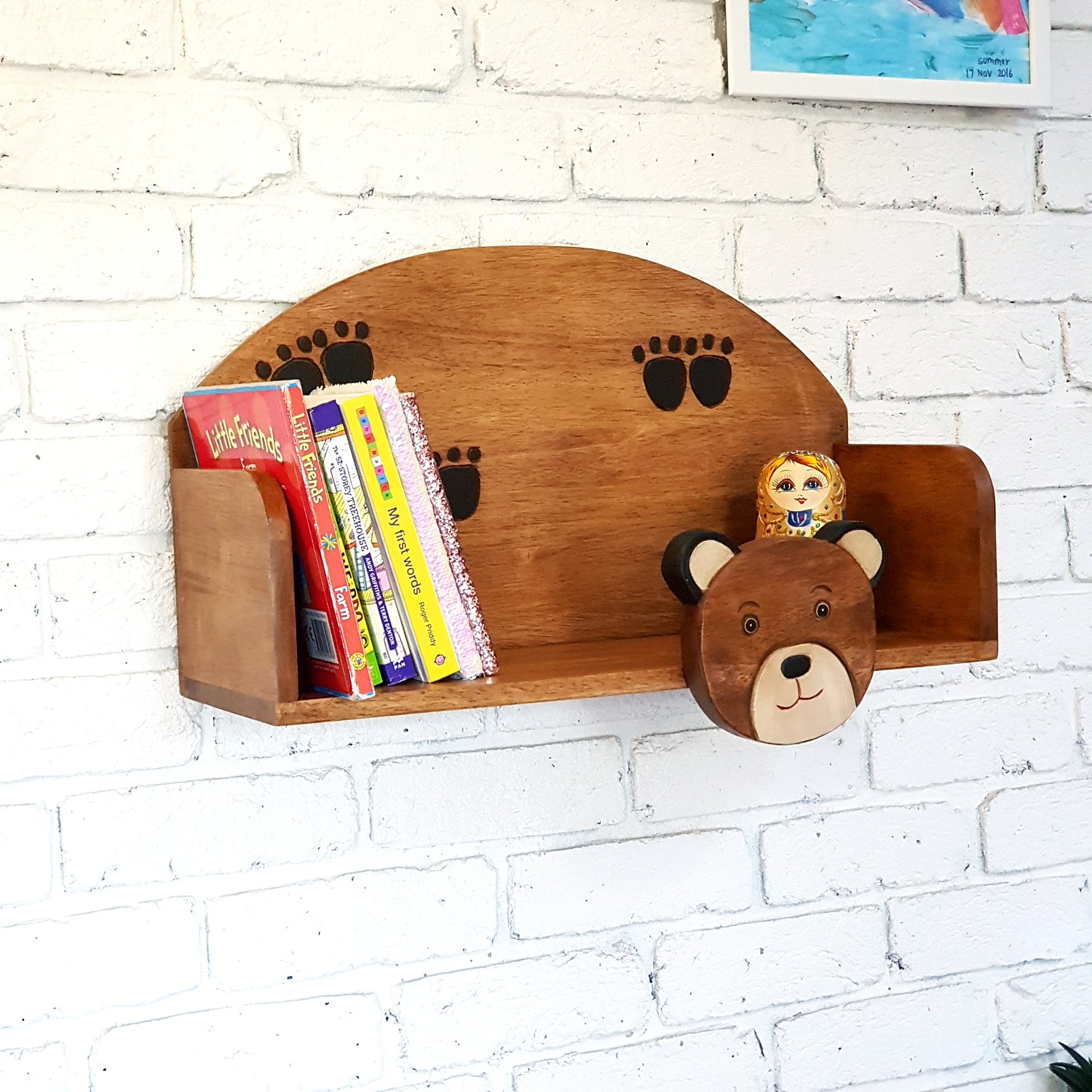 Hand-carved bear wall-mounted bookshelf in solid Raintree wood