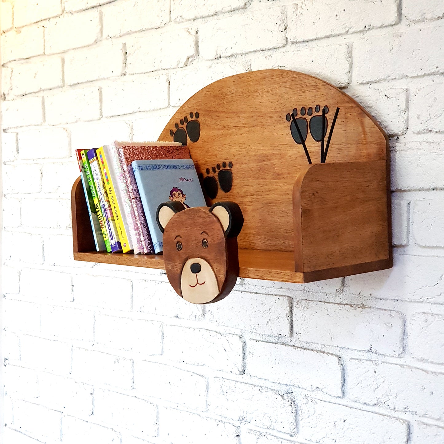 Hand-carved bear wall-mounted bookshelf in solid Raintree wood