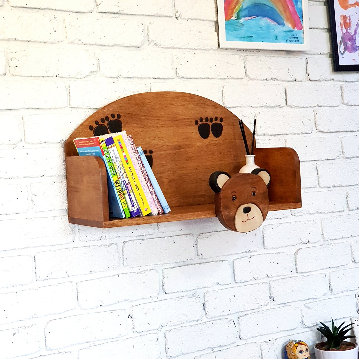 Hand-carved bear wall-mounted bookshelf in solid Raintree wood