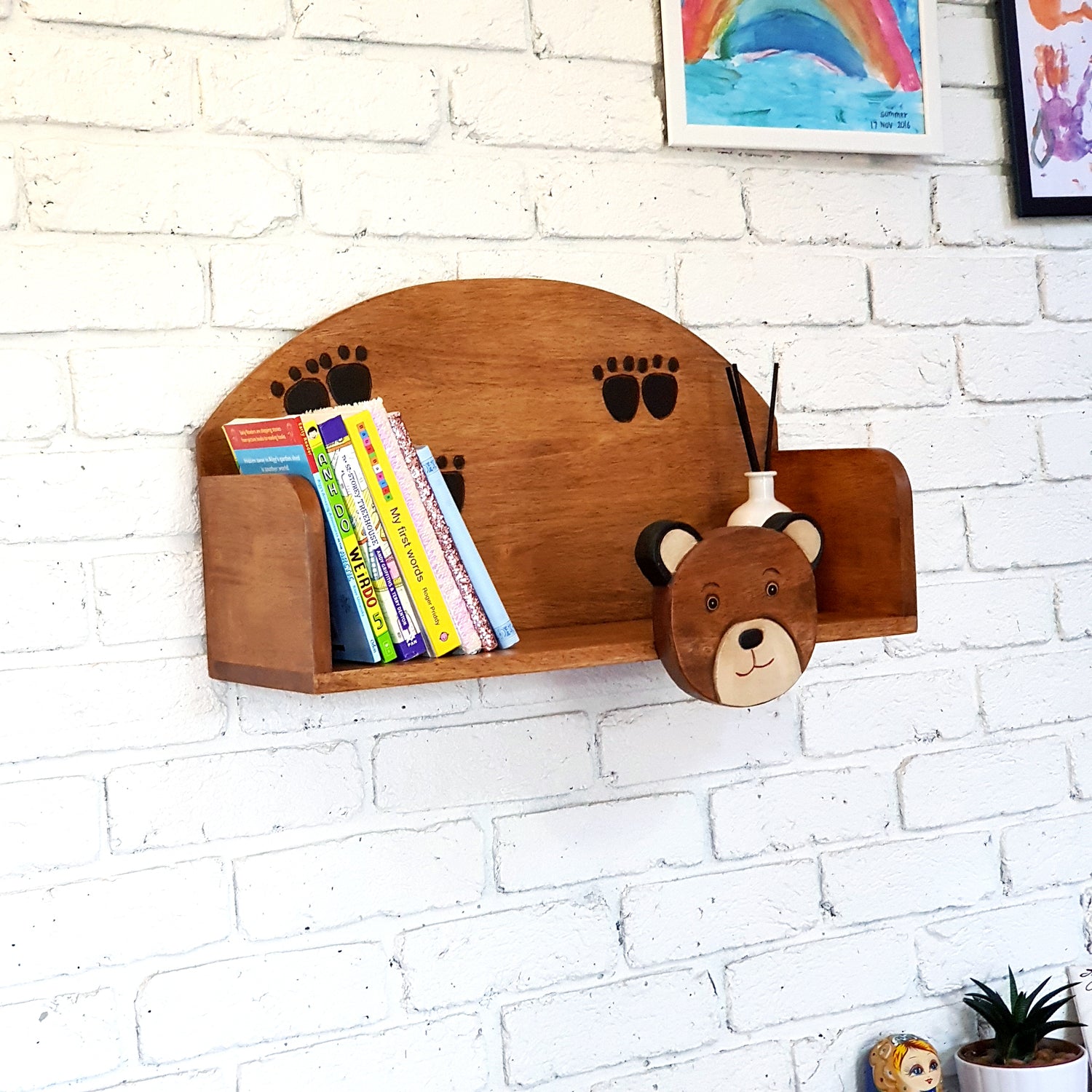 Hand-carved bear wall-mounted bookshelf in solid Raintree wood