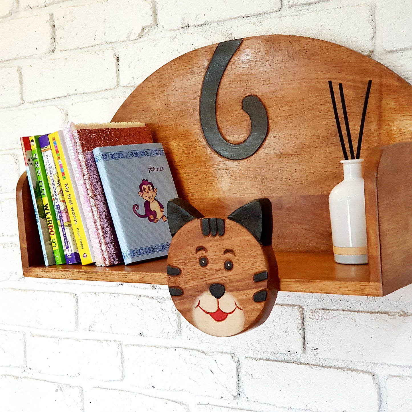 Hand-carved cat wall-mounted bookshelf in solid Raintree wood