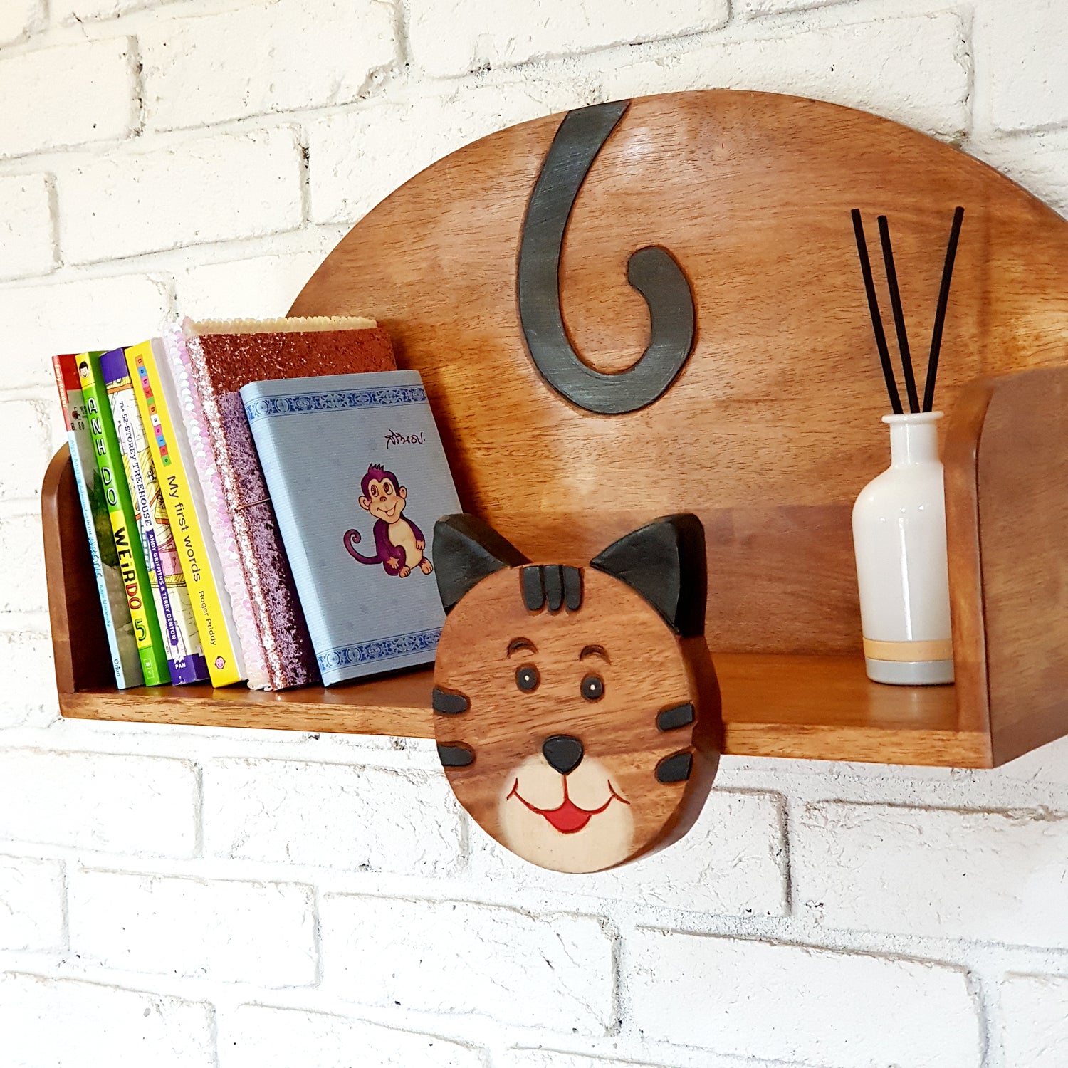 Hand-carved cat wall-mounted bookshelf in solid Raintree wood