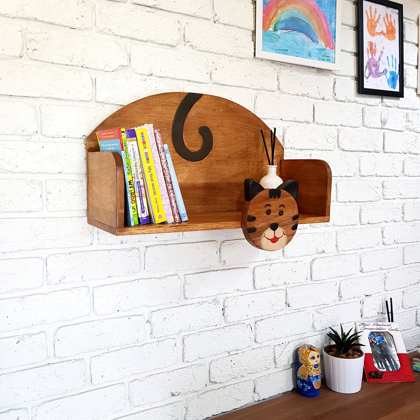 Hand-carved cat wall-mounted bookshelf in solid Raintree wood