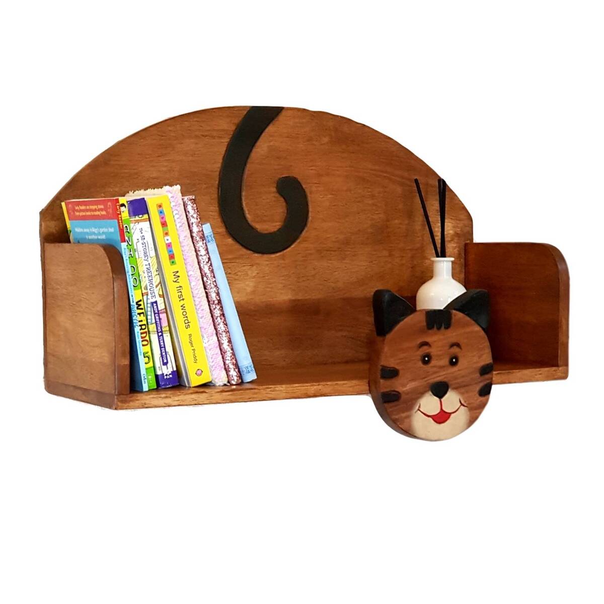 Hand-carved cat wall-mounted bookshelf in solid Raintree wood