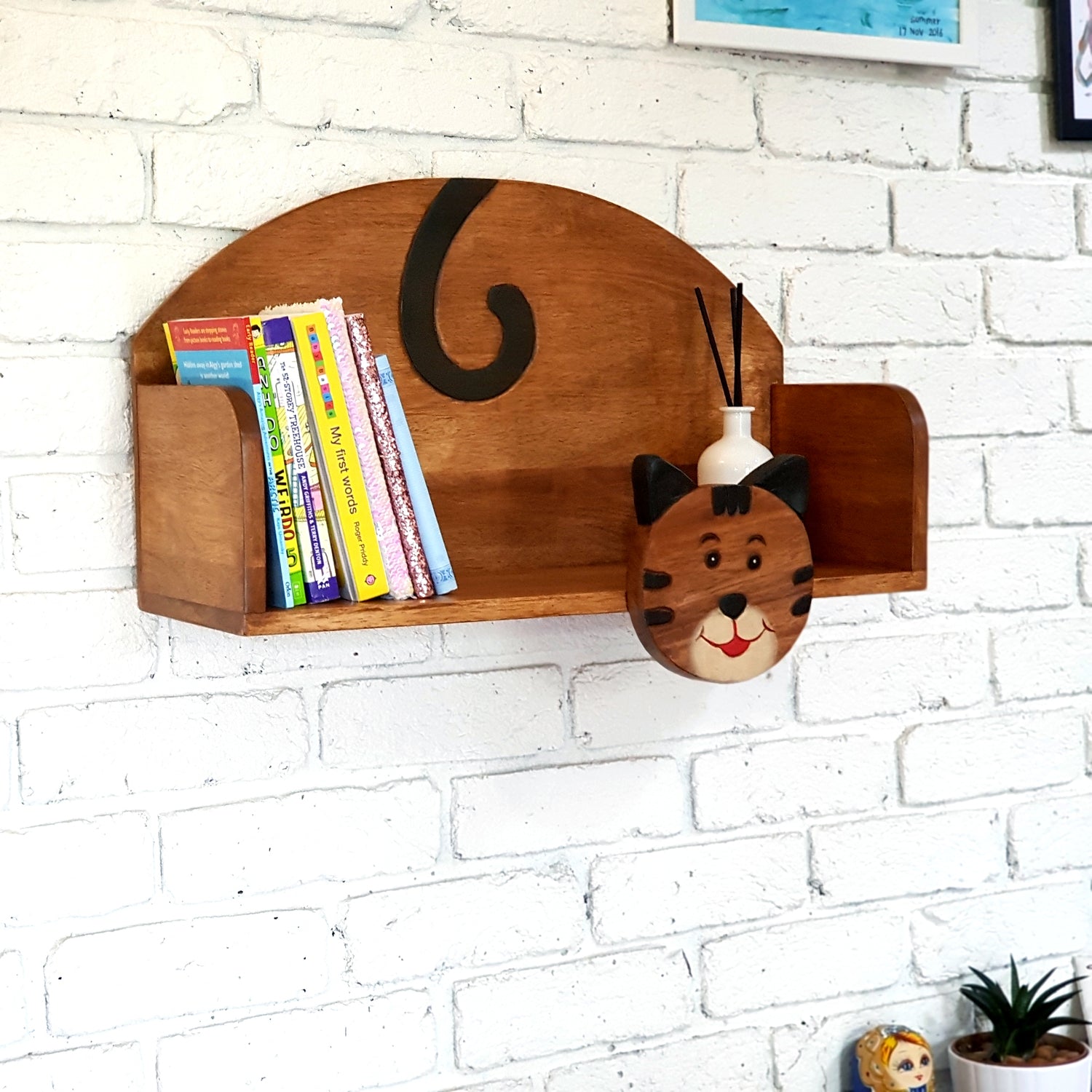 Hand-carved cat wall-mounted bookshelf in solid Raintree wood