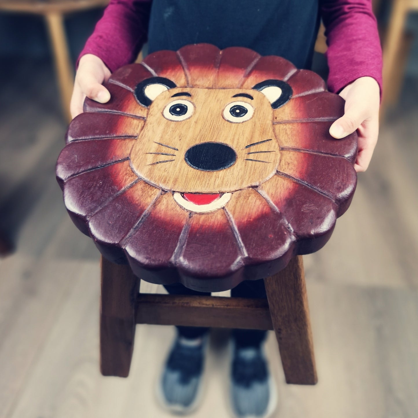 Premium Kids Wooden Lion Stool – Handmade Solid Wood Toilet Training and Step Stool