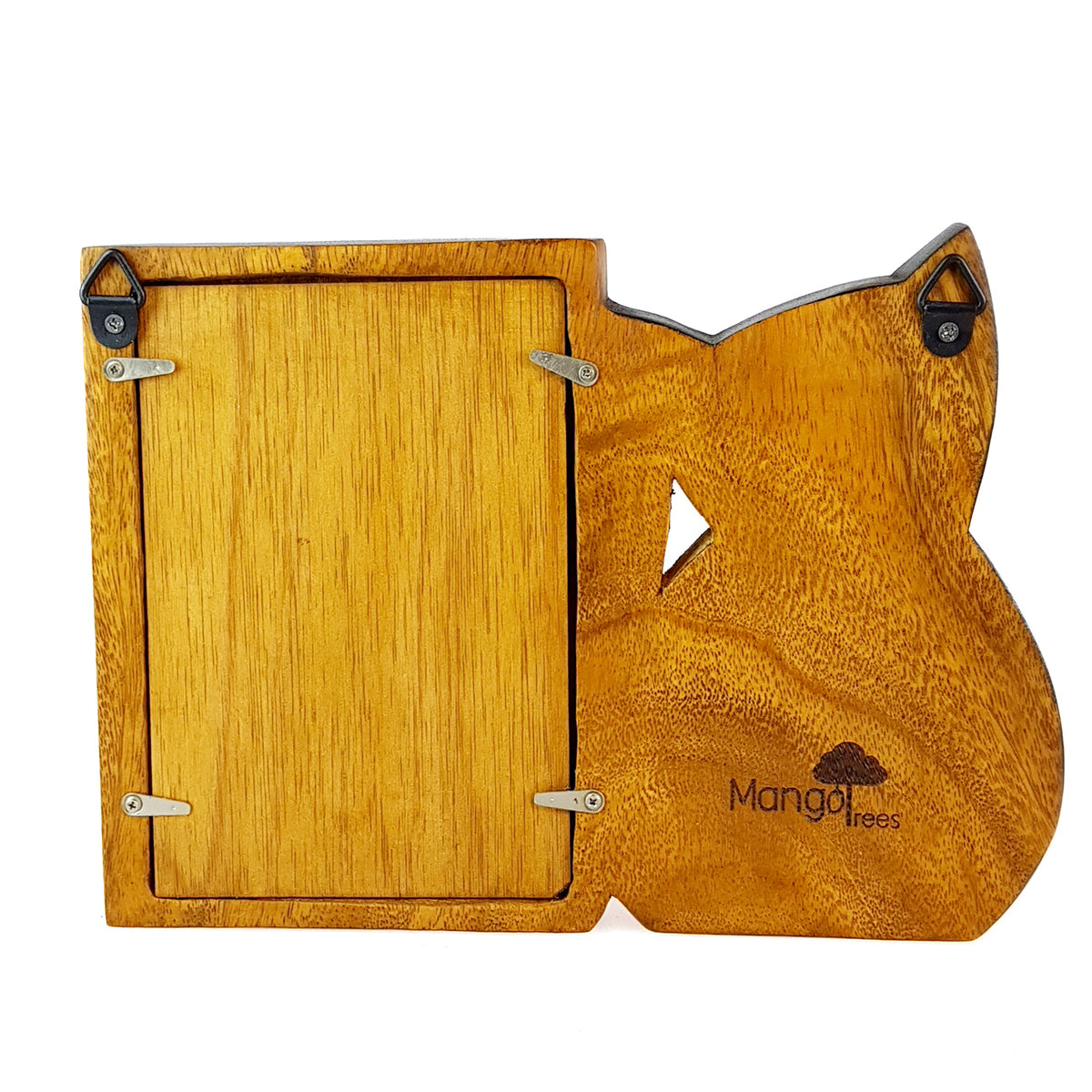 Hand-carved cat 6x4 wooden photo frame in solid Raintree wood