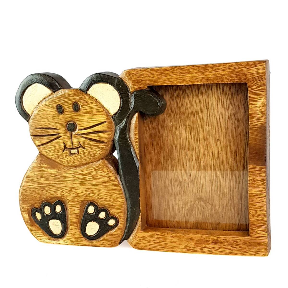 Hand-carved mouse 6x4 wooden photo frame in solid Raintree wood