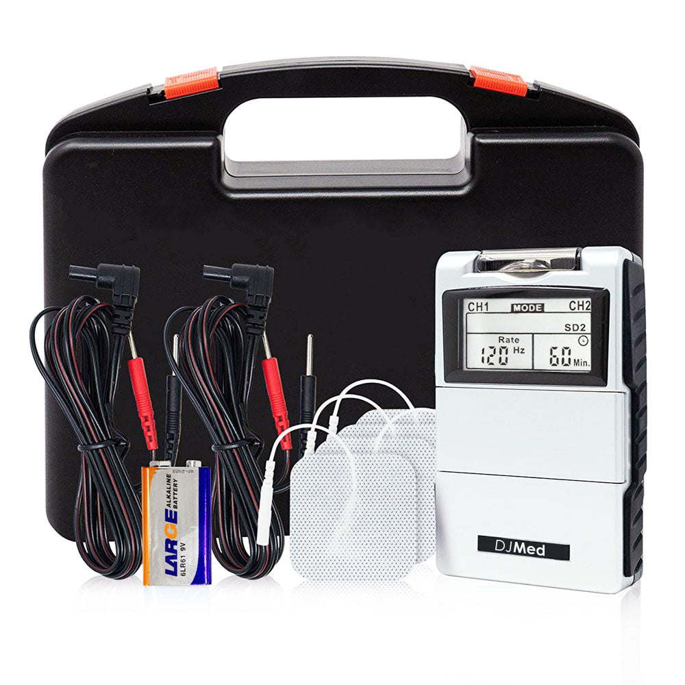 Electrotherapy device with cables, patches, and battery on a white background
