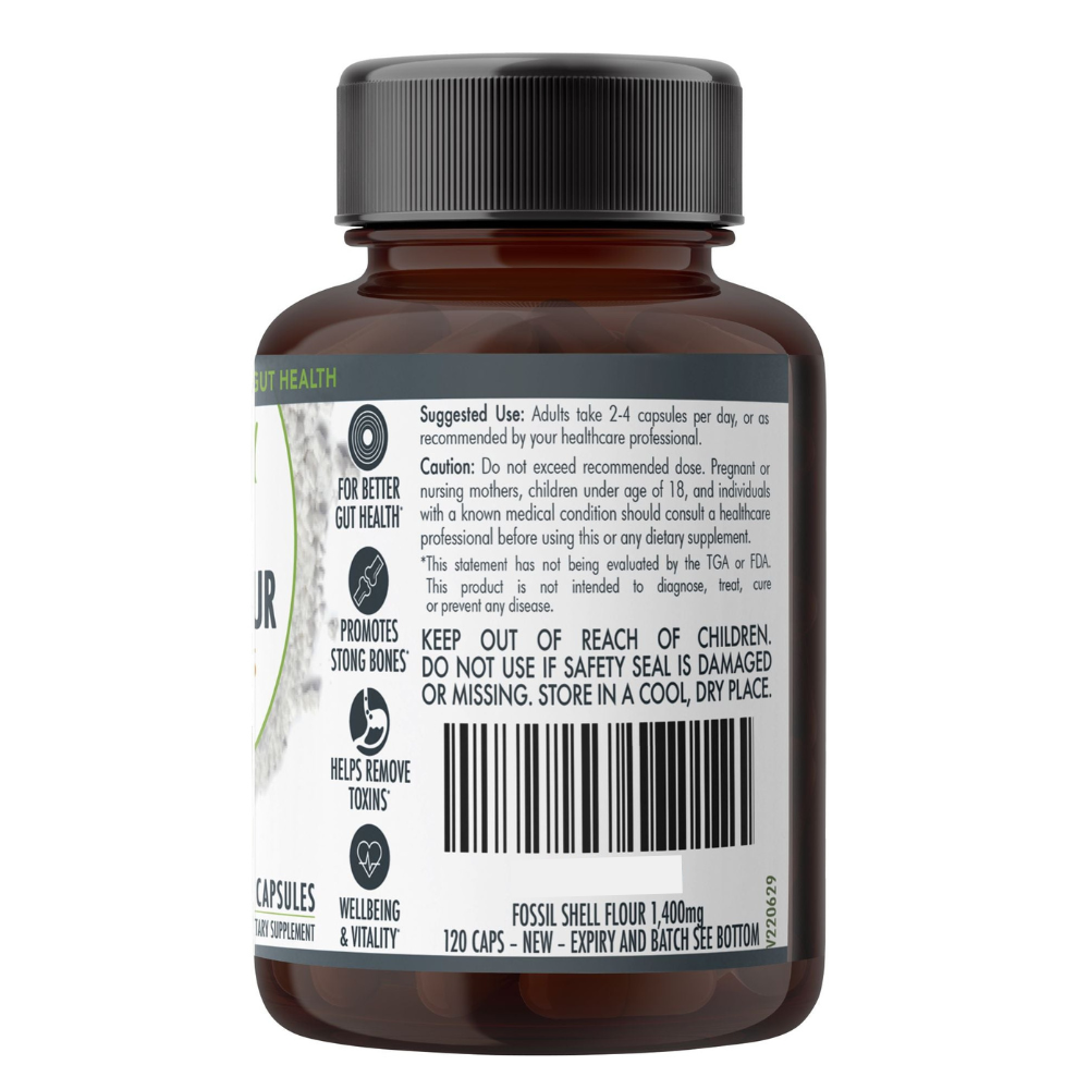 Fossil Shell Flour Capsules (120 Pills) - Vegan 1,400 mg Food Grade Diatomaceous Earth Supplement
