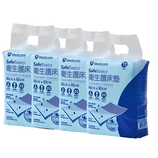 Pack of Medicom SafeBasics disposable underpads on a white background