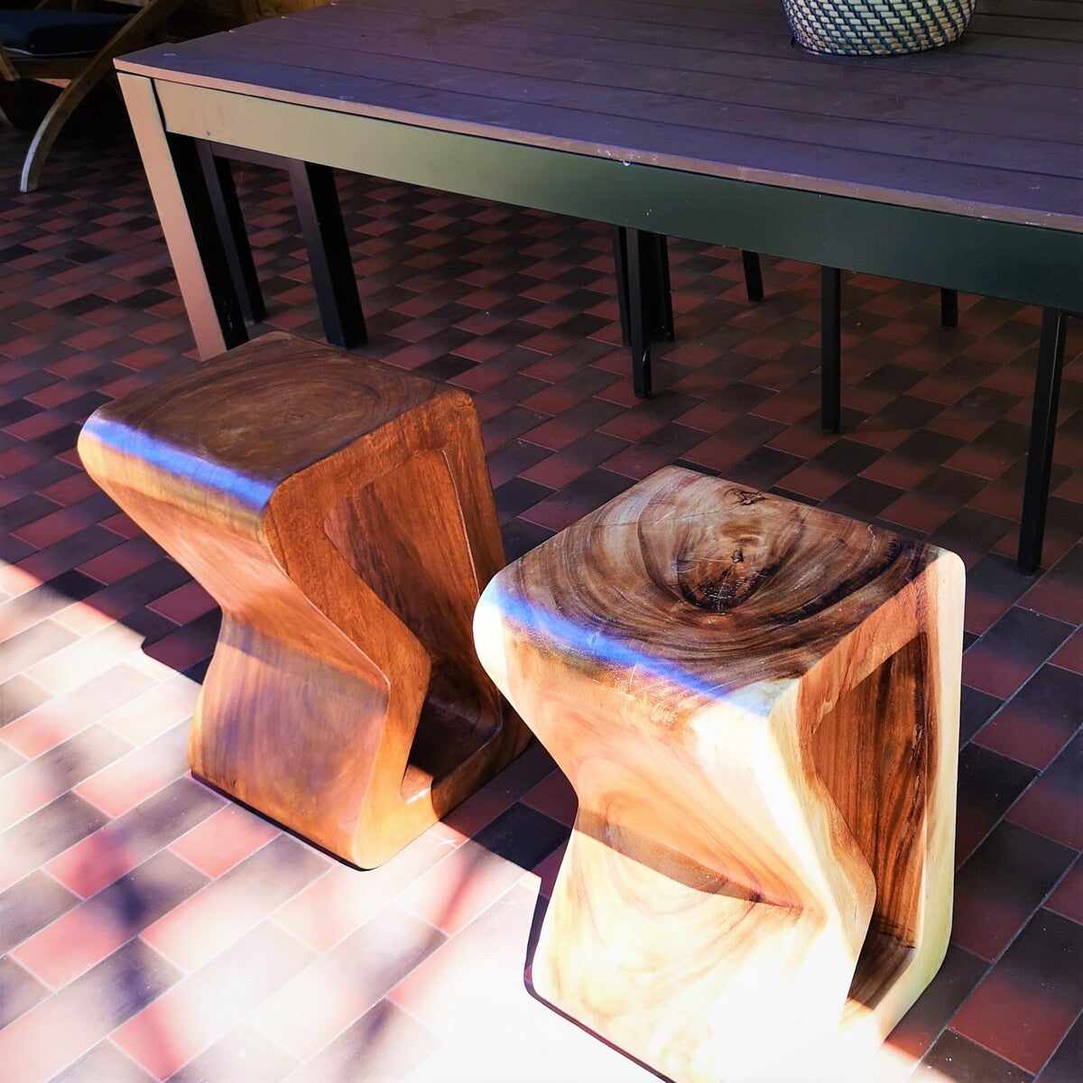 B-shape solid Raintree wood side table and plant stand with natural finish