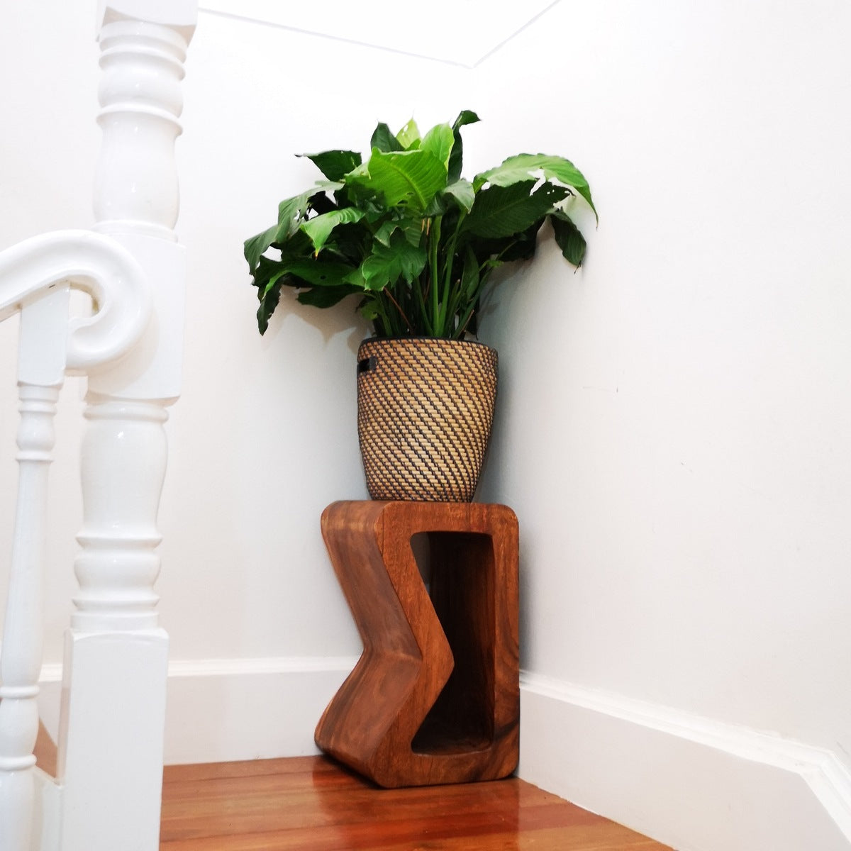 B-shape solid Raintree wood side table and plant stand with natural finish