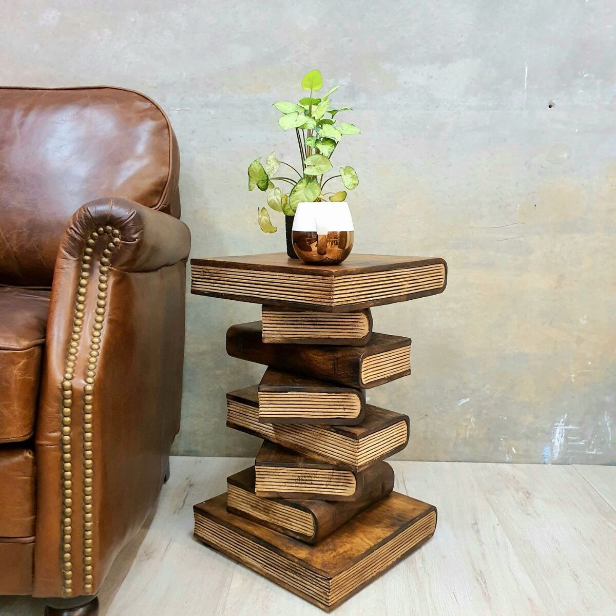 Solid Hardwood Book Stack Side Table – Rustic Timber Plant Stand / Corner Stool Natural Finish