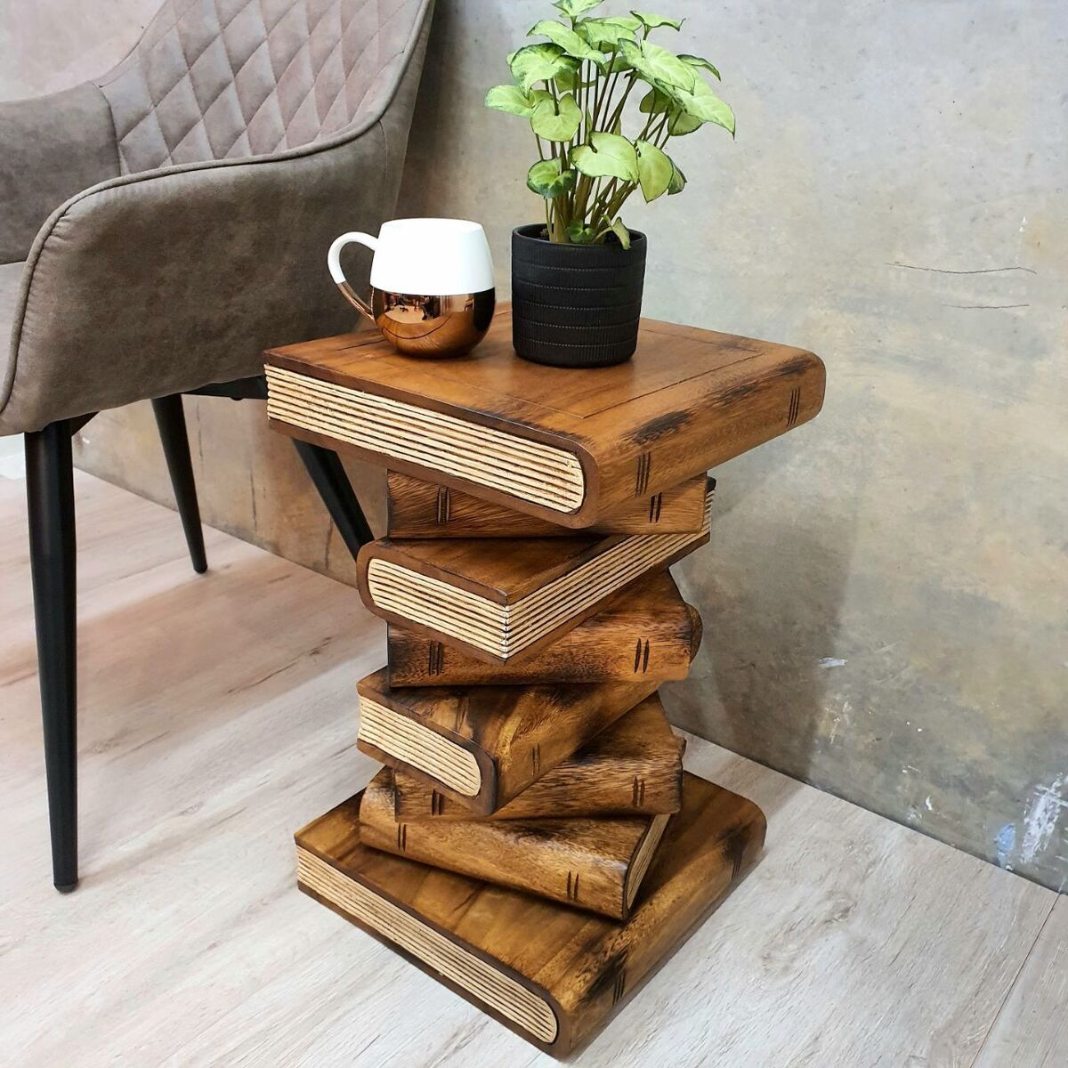 Solid Timber Book Stack Side Table - Rustic Timber Plant Stand / Corner Stool Natural Finish
