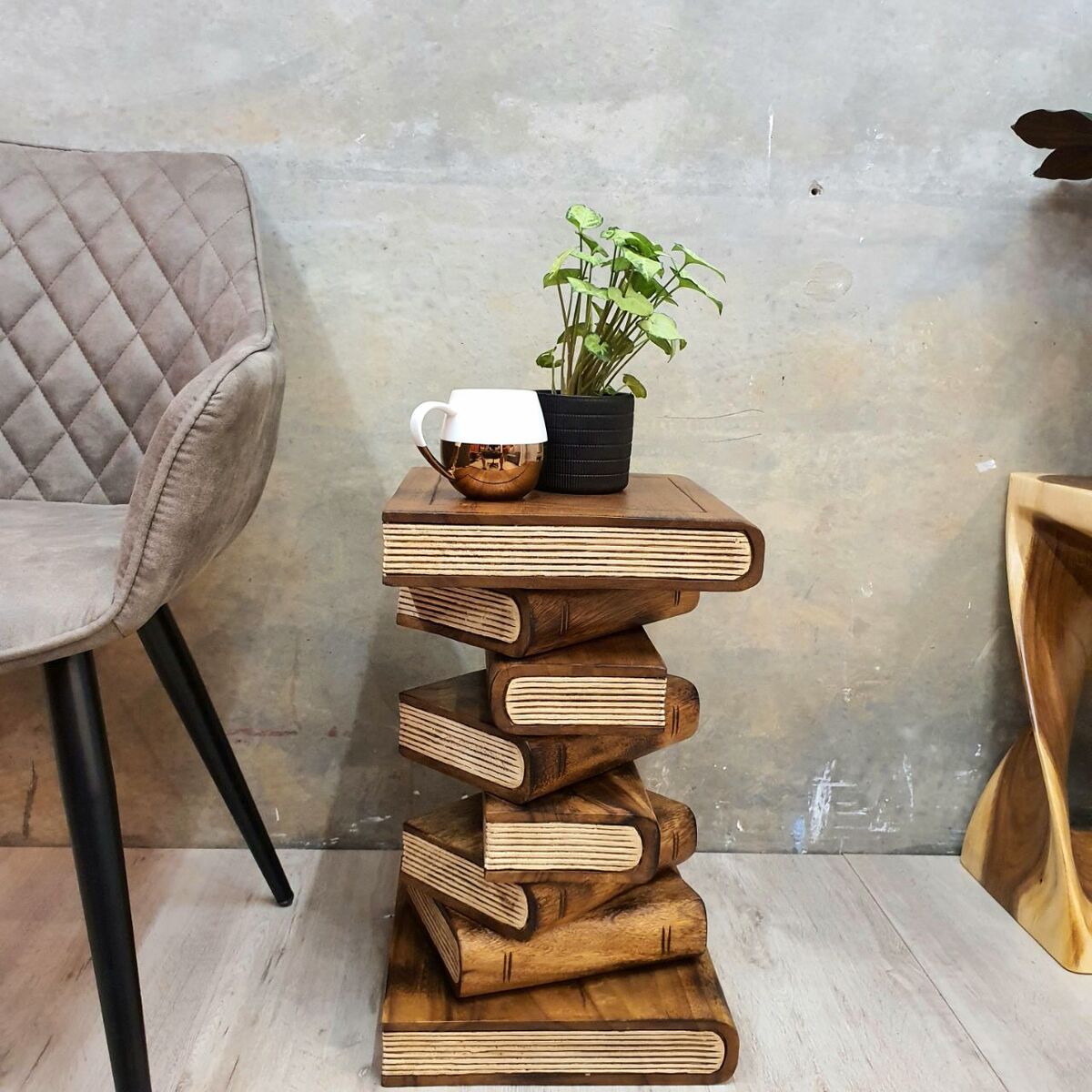 Solid Hardwood Book Stack Side Table – Rustic Timber Plant Stand / Corner Stool Natural Finish