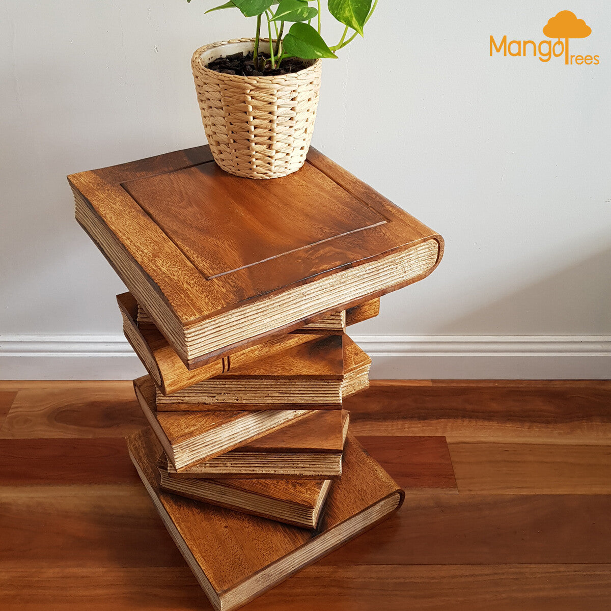 Solid Hardwood Book Stack Side Table – Rustic Timber Plant Stand / Corner Stool Natural Finish