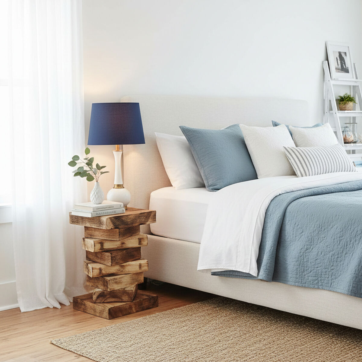 Book stack solid Raintree wood bedside table with clear finish