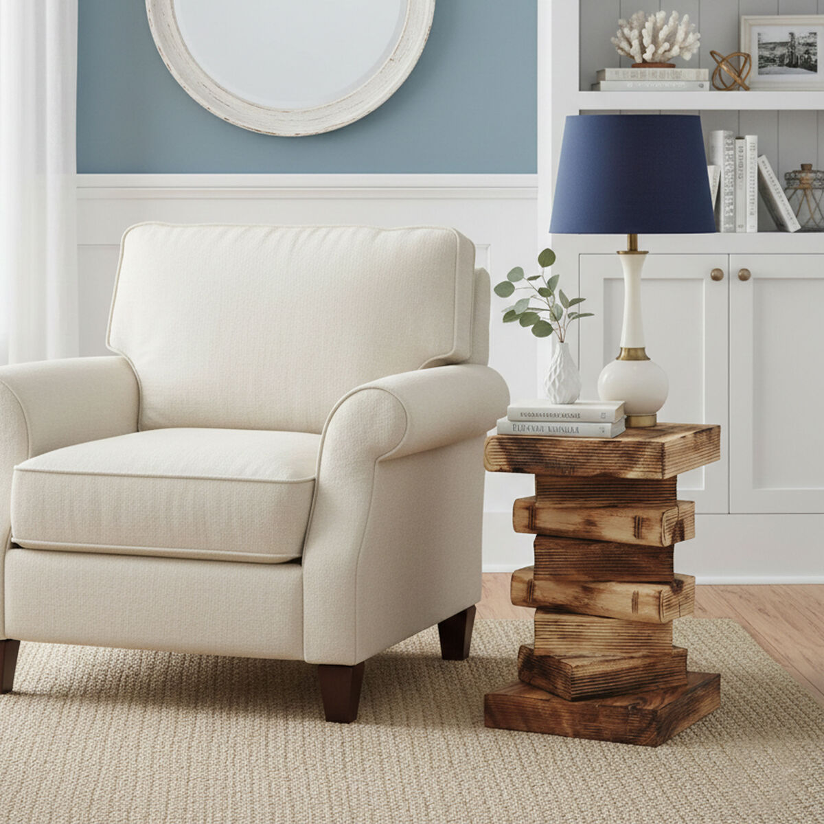 Book stack solid Raintree wood bedside table with clear finish