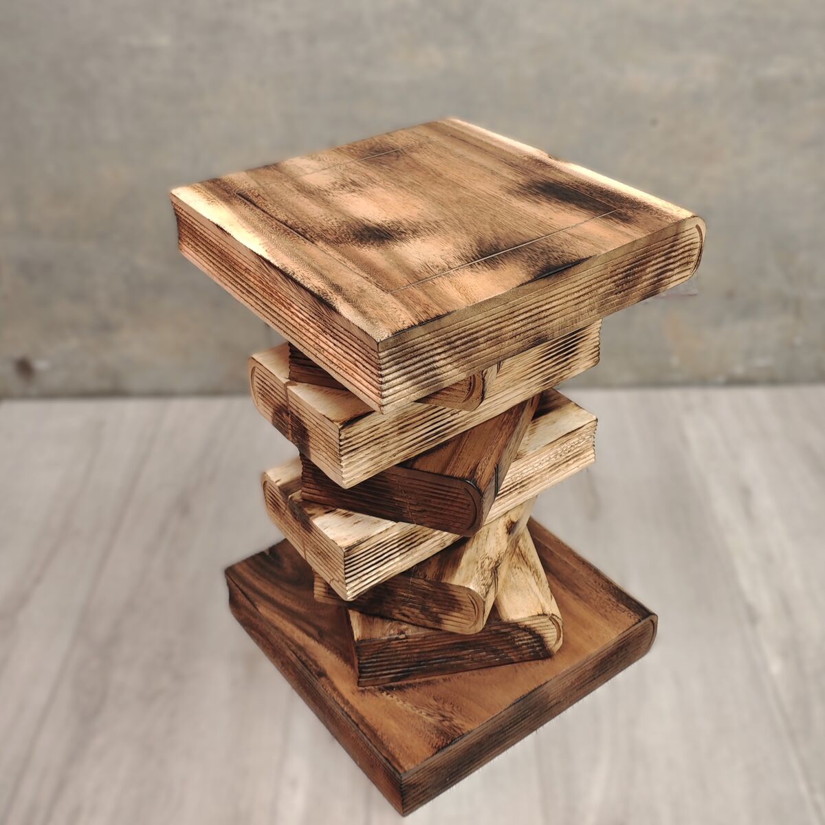 Book stack solid Raintree wood bedside table with clear finish