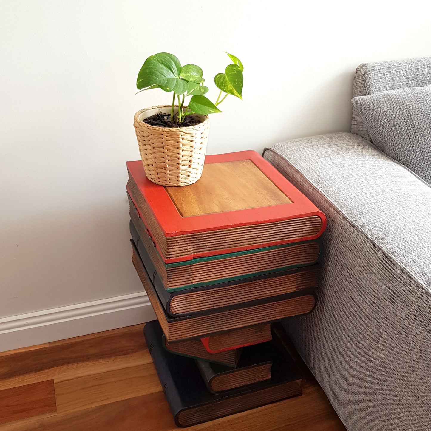 Artisan Handmade Book Stack Side Table with Storage | Hardwood Bedside Table