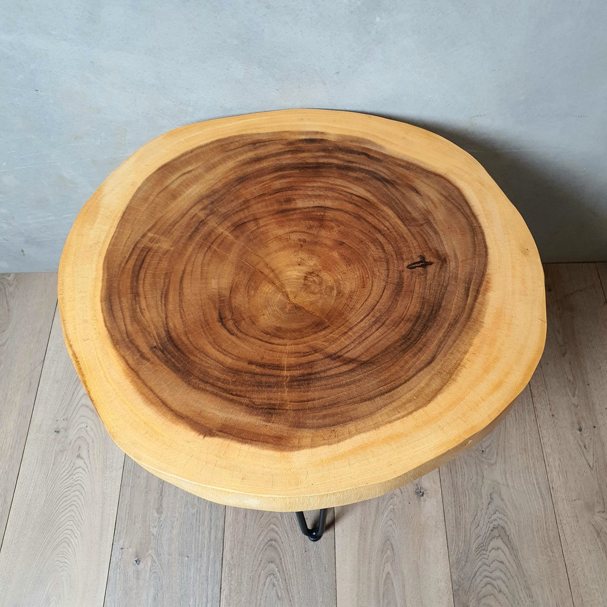 Round solid Raintree wood live edge coffee table with black metal legs