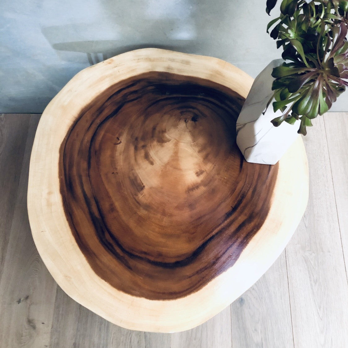 Round solid Raintree wood live edge coffee table with black metal legs