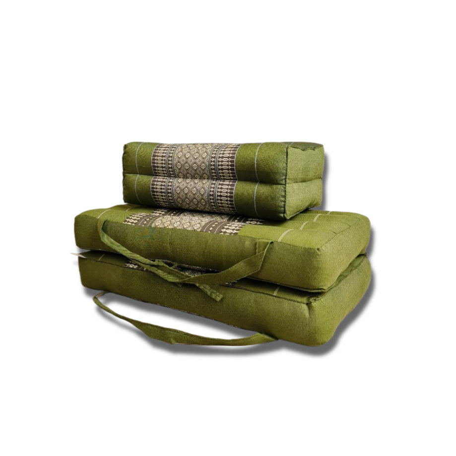 Foldable Meditation Cushion + Kapok Yoga Block Set | Handmade Thai Floor Mat with Handle | Supportive Allergen-Free Seating for Yoga, Meditation, or Travel