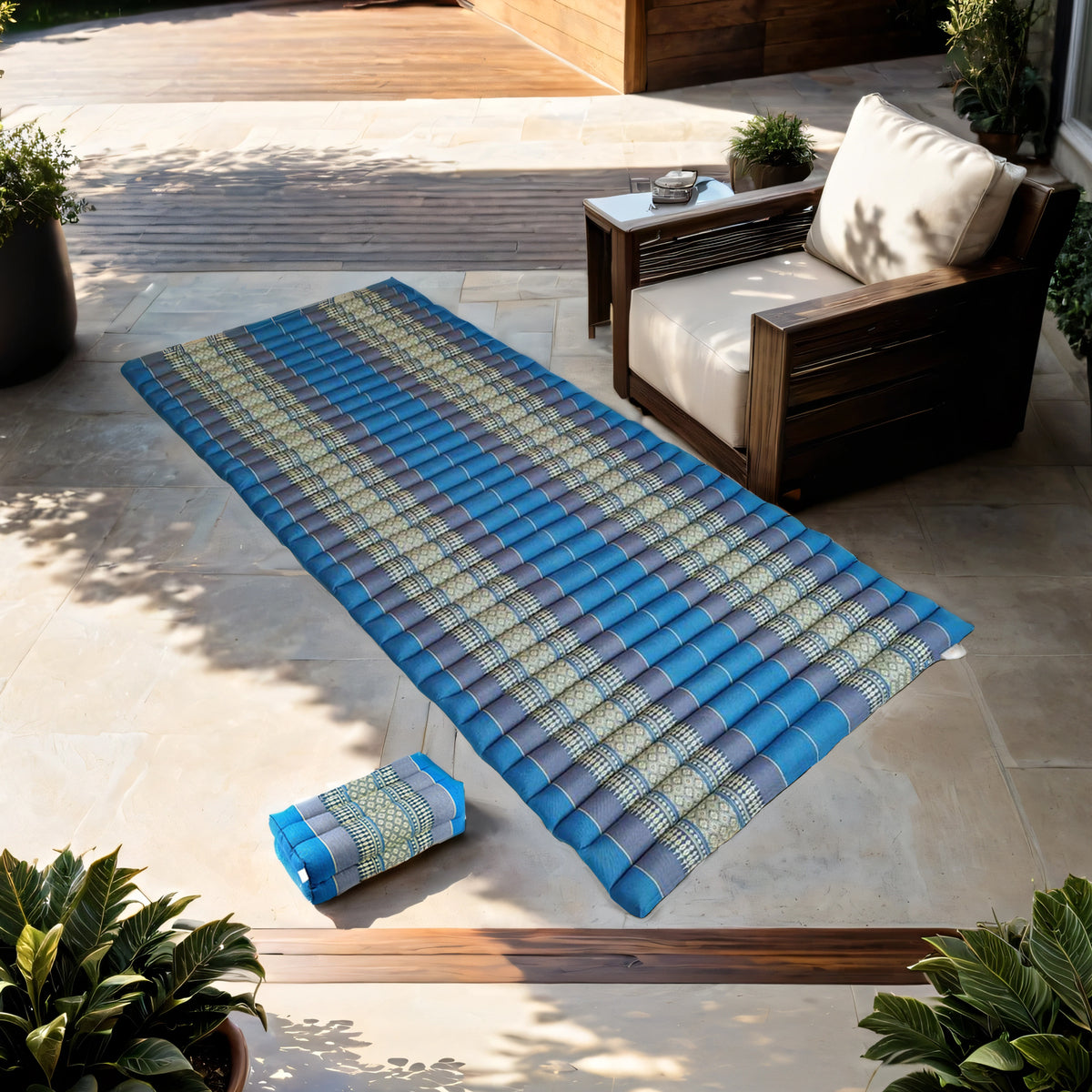 Roll Up Foldable Mattress + Kapok Pillow Block Set - Handmade Thai Daybed & Yoga Mat