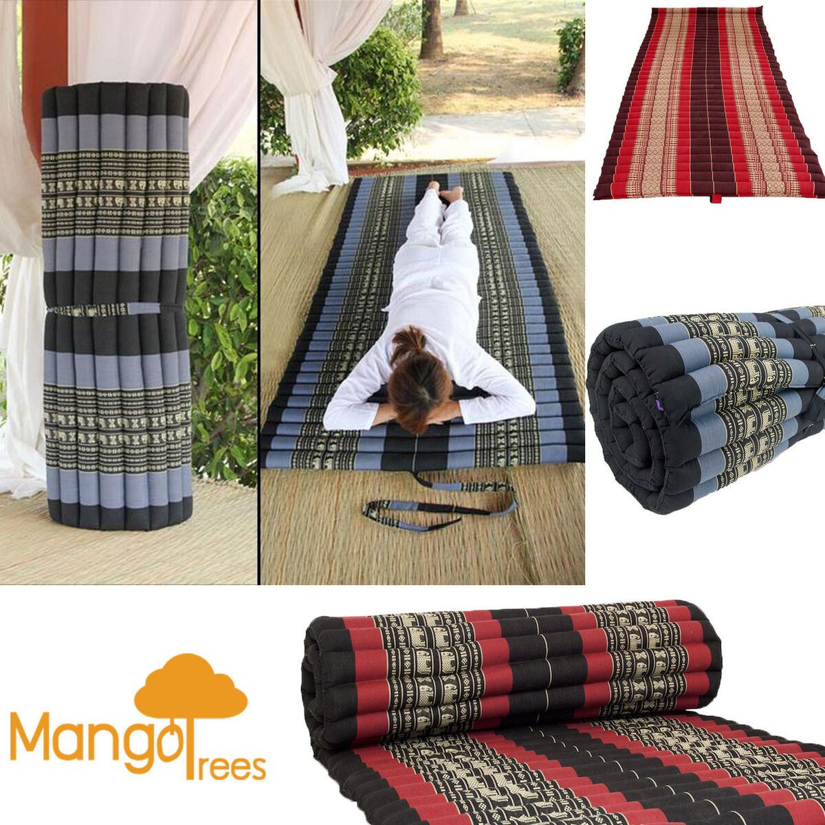 Roll Up Foldable Mattress + Kapok Pillow Block Set - Handmade Thai Daybed & Yoga Mat