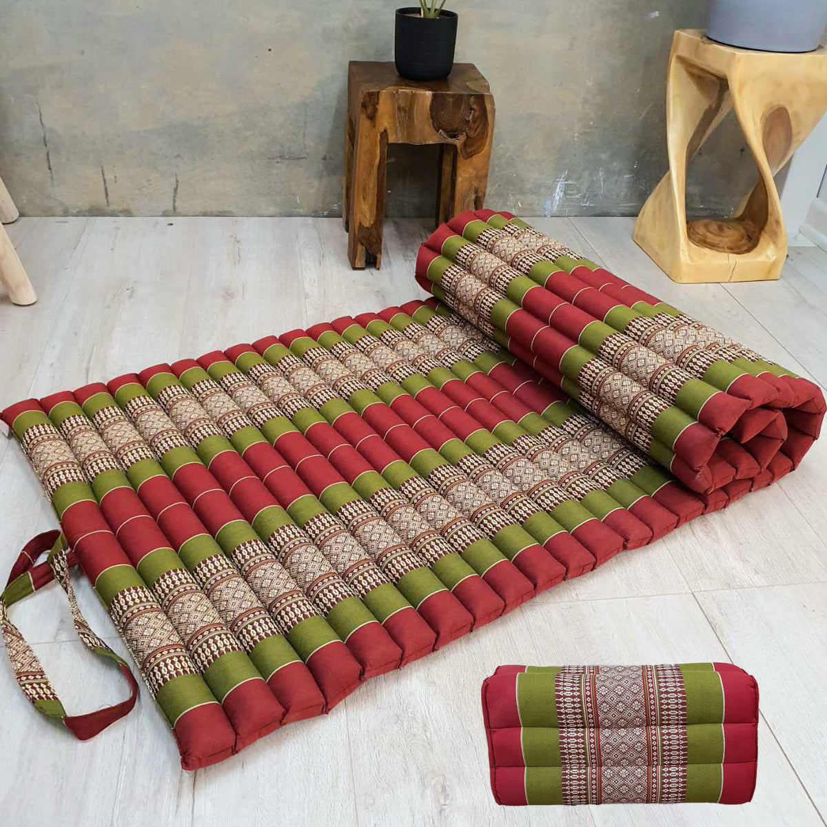 Roll Up Foldable Mattress + Kapok Pillow Block Set - Handmade Thai Daybed & Yoga Mat