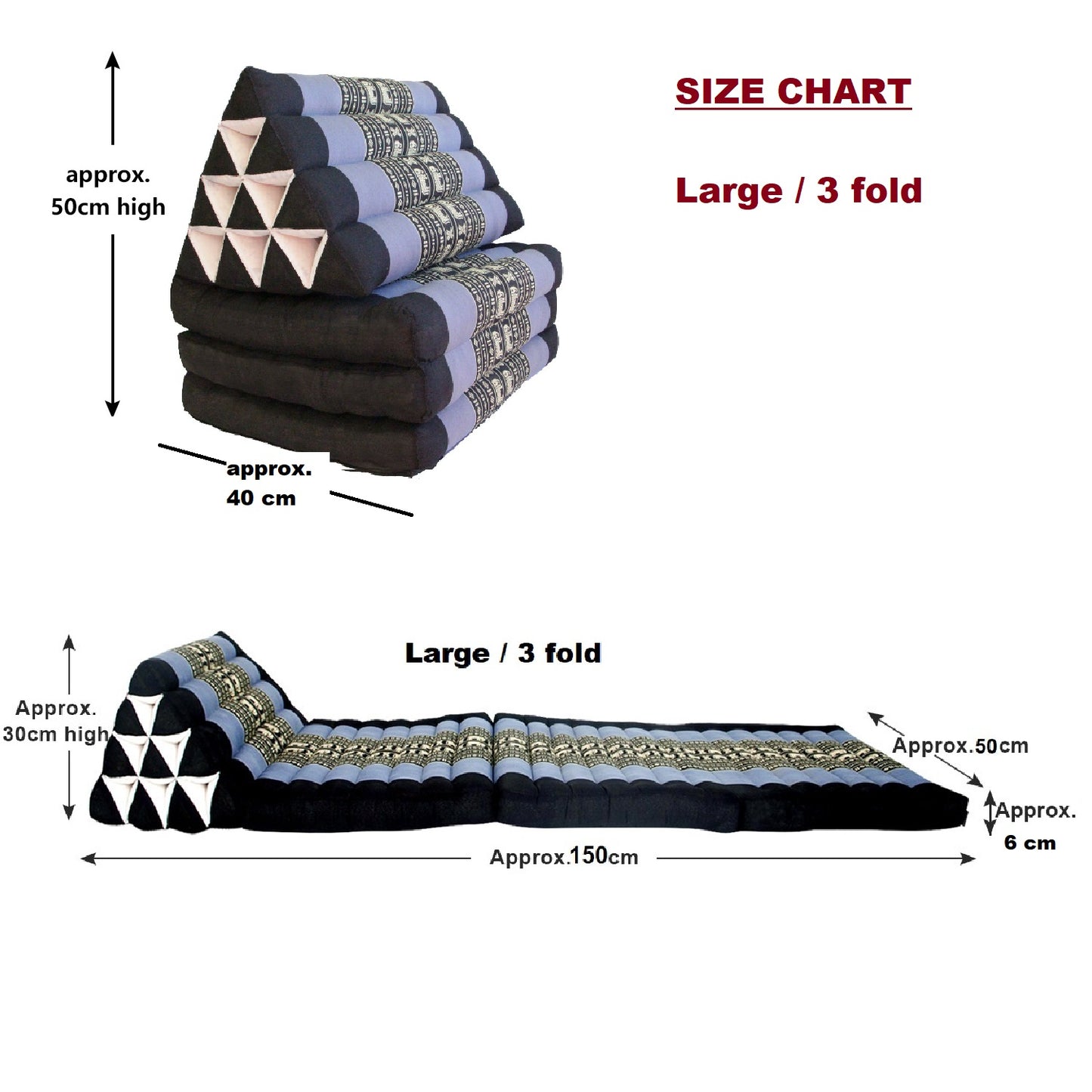 Large Thai Triangle Pillow – 3 Fold Floor Cushion | Handmade Thai Lounge Mat & Backrest | 100% Kapok Filled