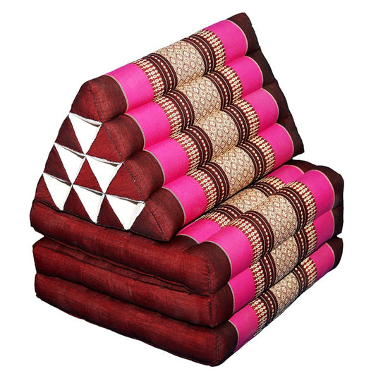 Triangular floor cushions with geometric patterns, shown in various settings with people using them.