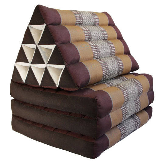 Triangular wedge cushion with geometric pattern, shown in use, and brand 'Mangotrees' displayed.