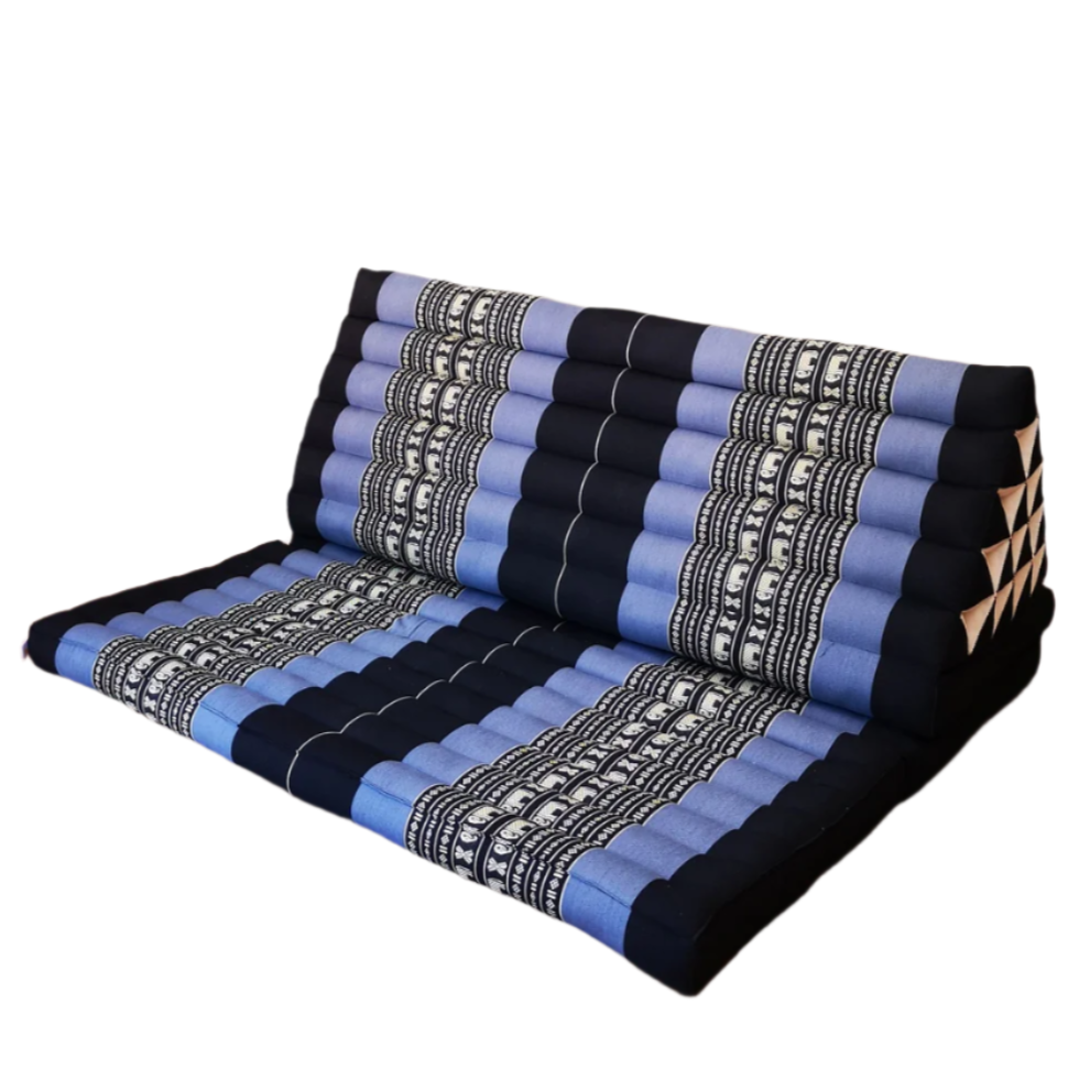 Triangular seat pad with blue and black pattern on a white background