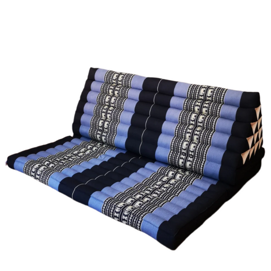 Triangular seat pad with blue and black pattern on a white background