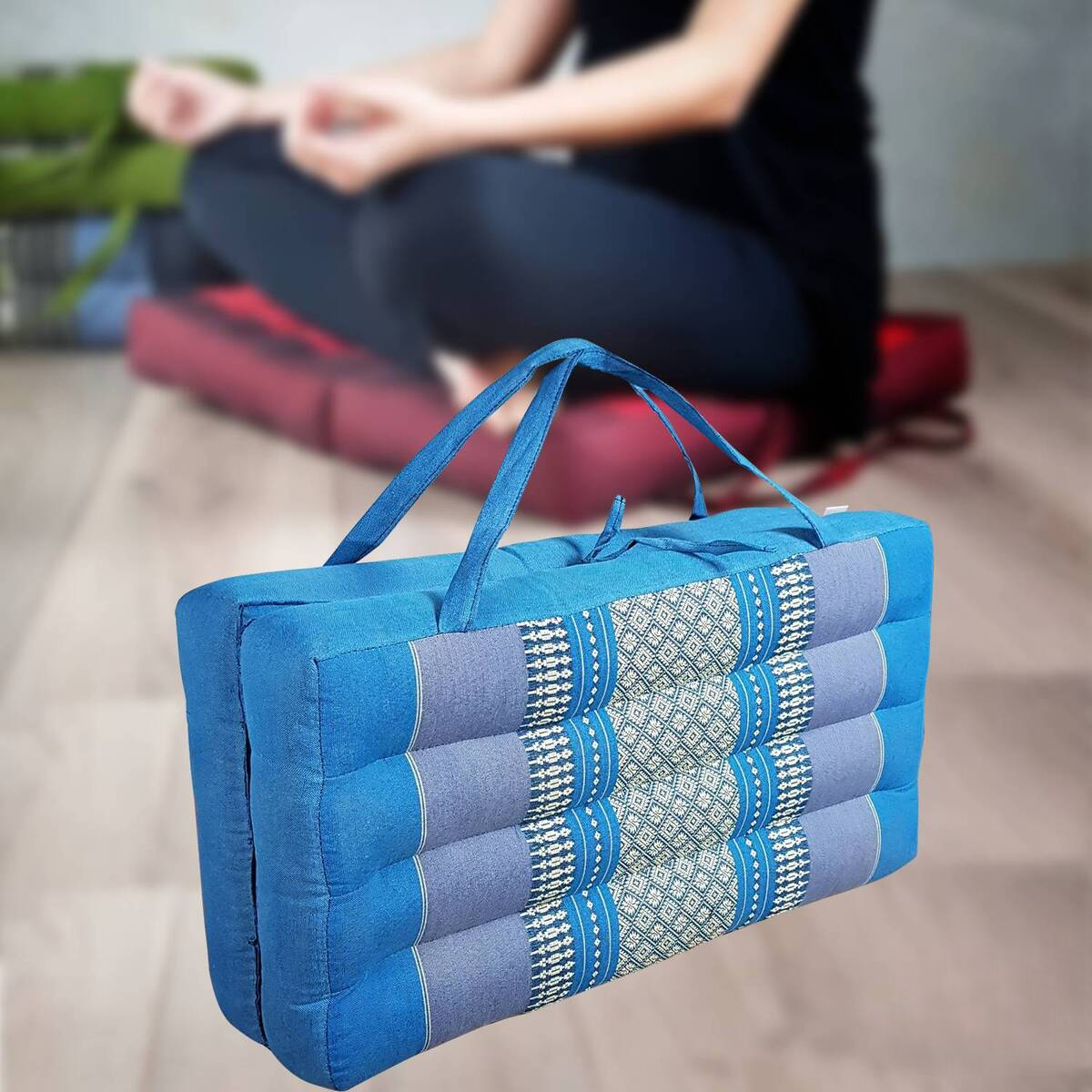 Handmade 2-Fold Meditation Cushion – Thai Kapok Yoga Mat with Portable Handle