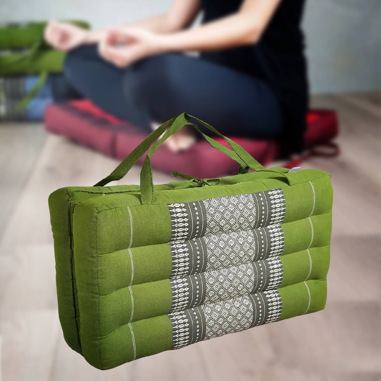 Handmade 2-Fold Meditation Cushion – Thai Kapok Yoga Mat with Portable Handle