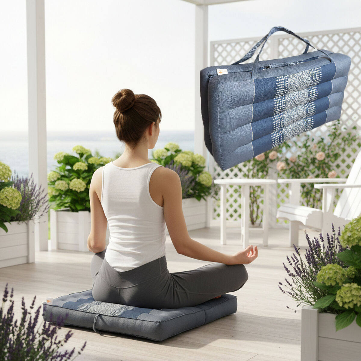 Handmade 2-Fold Meditation Cushion – Thai Kapok Yoga Mat with Portable Handle