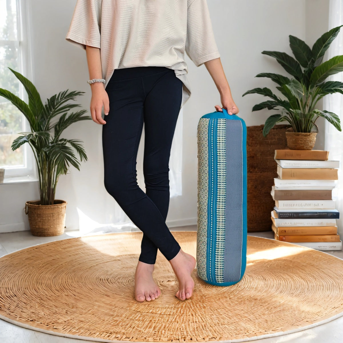 Handmade Round Yoga Bolster Block – Organic Kapok Filled Meditation Cushion for Back Support and Shavasana