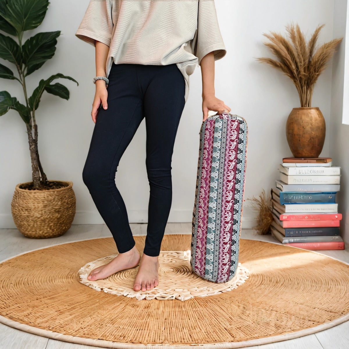 Handmade Round Yoga Bolster Block – Organic Kapok Filled Meditation Cushion for Back Support and Shavasana