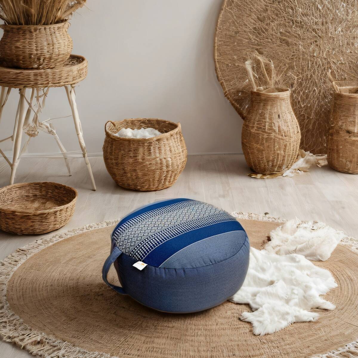 Handmade 40cm Round Meditation Cushion – Organic Kapok Filled Zafu Ottoman Pouf for Yoga and Shavasana