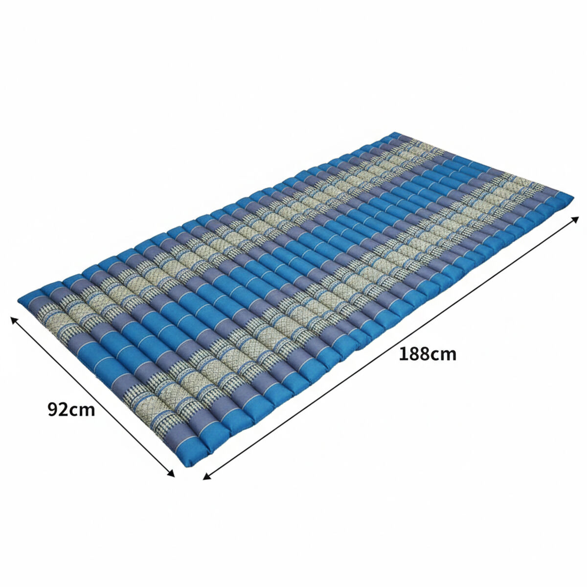 Blue single roll-up kapok mattress measuring approximately 188 x 92cm