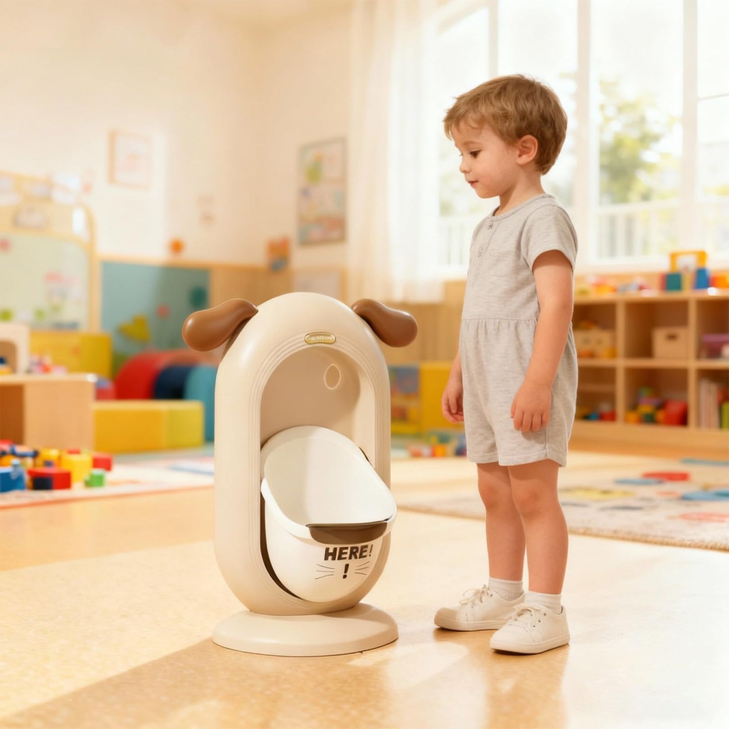 Wall-Mounted Kids Urinal for Boys – Adjustable Height Training Potty with Cute Cartoon Design, Anti-Splash, Easy to Clean, Portable Toilet for Home, Nursery, Travel (Beige)
