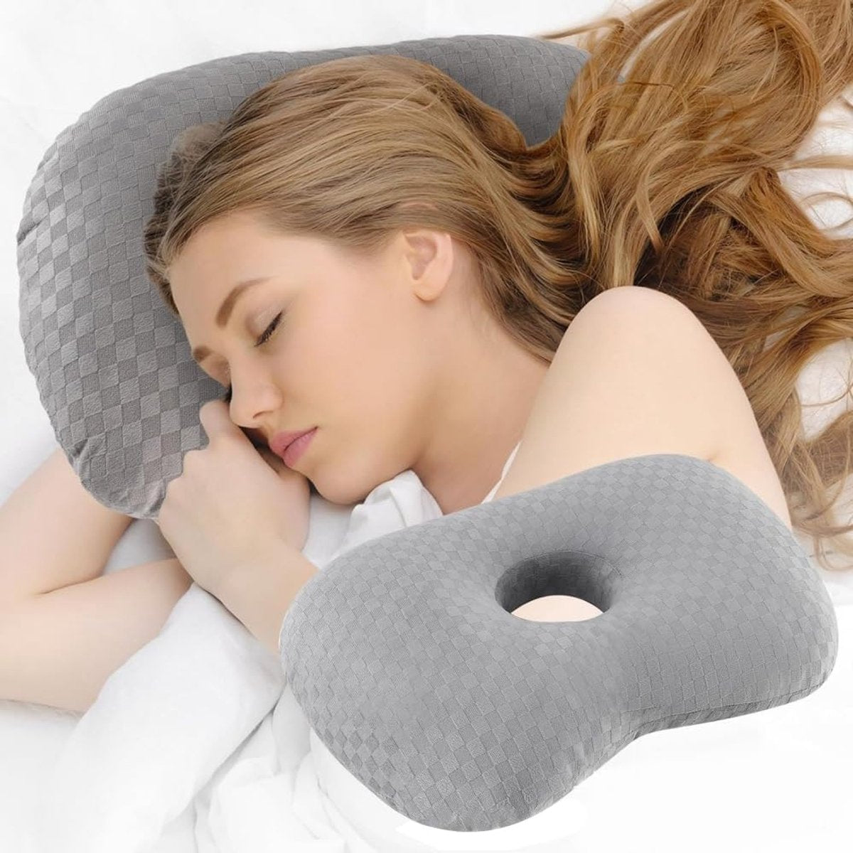 Pillow - head pillow - neck pillow - ear pillow - piercing pillow - donut pillow - piercing pillow with hole - sleeping ring for side sleepers to relieve pain - 32 * 44 cm - grey